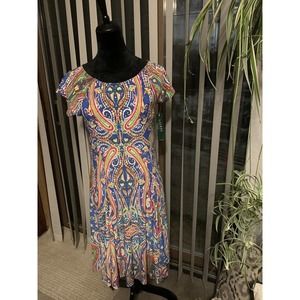RALPH LAUREN MULTI-COLOR PAISLEY PRINT MIDI DRESS Summer Petite large PL stretch